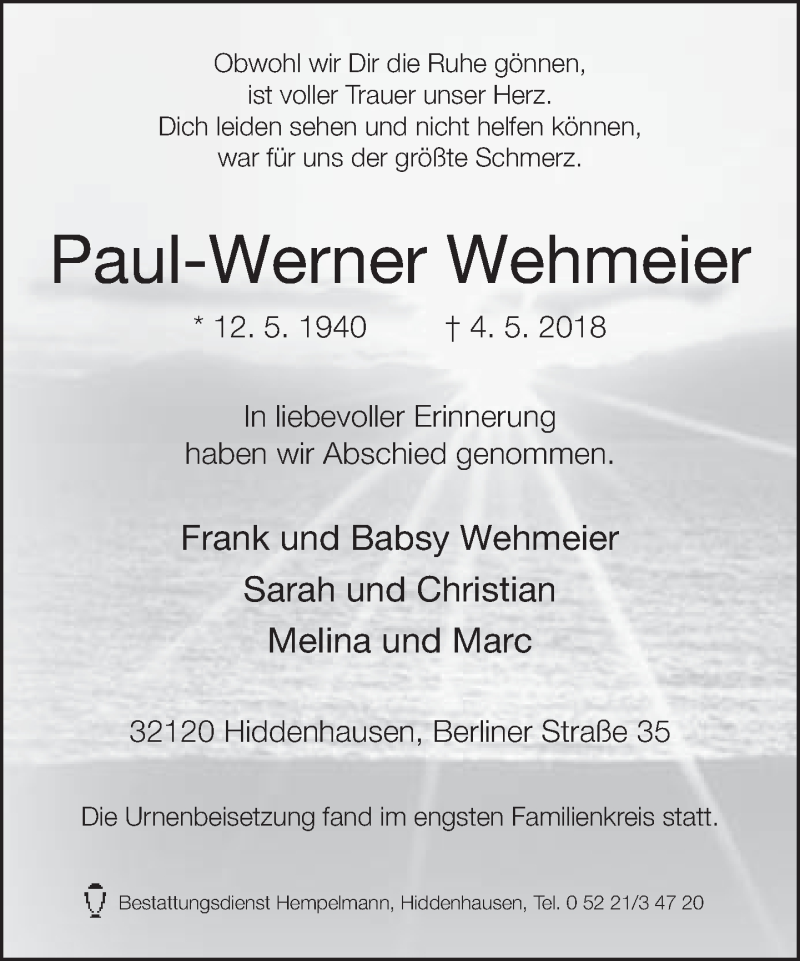  Traueranzeige für Paul-Werner Wehmeier vom 19.05.2018 aus Neue Westfälische