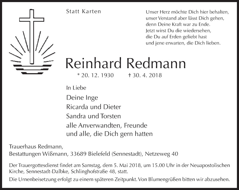  Traueranzeige für Reinhard Redmann vom 03.05.2018 aus Neue Westfälische