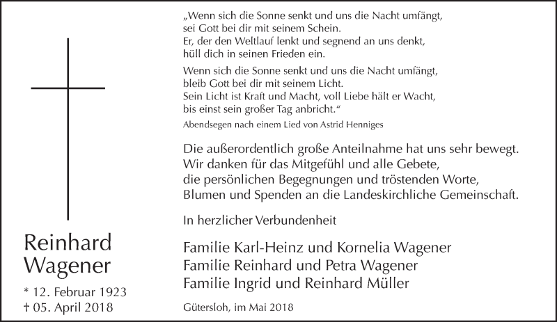  Traueranzeige für Reinhard Wagener vom 19.05.2018 aus Neue Westfälische