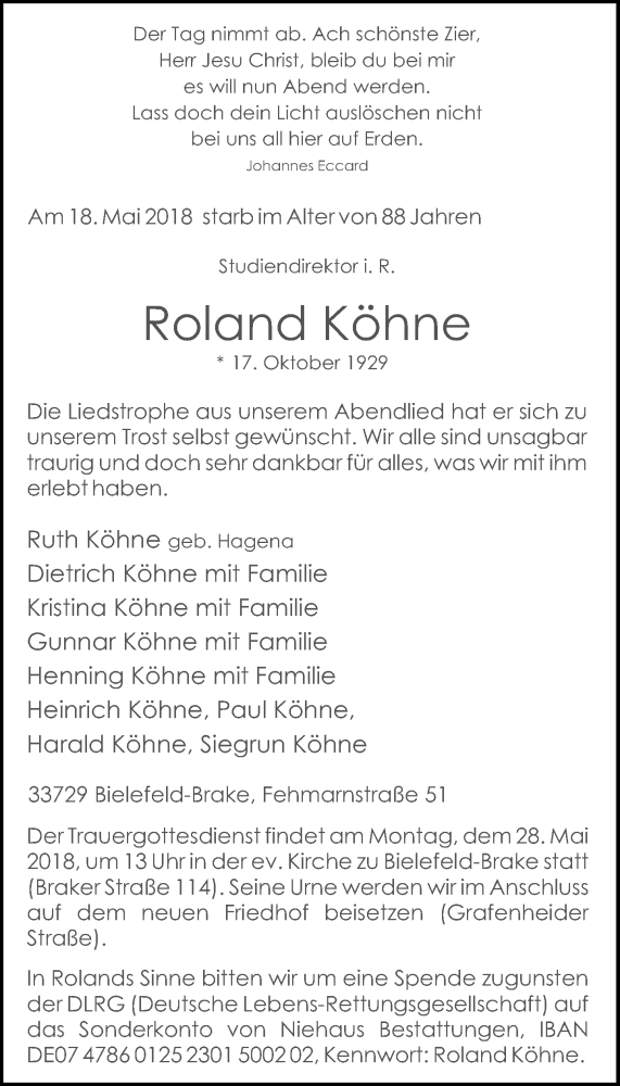  Traueranzeige für Roland Köhne vom 23.05.2018 aus Neue Westfälische