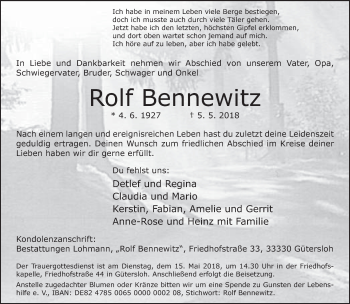 Traueranzeige von Rolf Bennewitz von Neue Westfälische