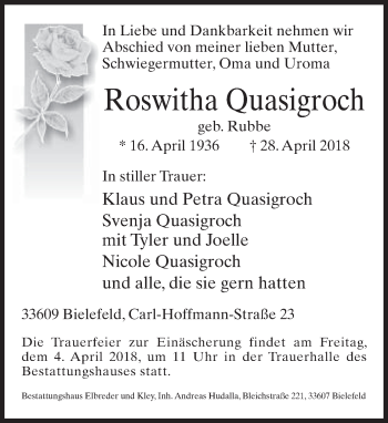 Traueranzeige von Roswitha Quasigroch von Neue Westfälische