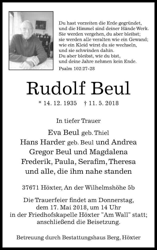  Traueranzeige für Rudolf Beul vom 15.05.2018 aus Neue Westfälische