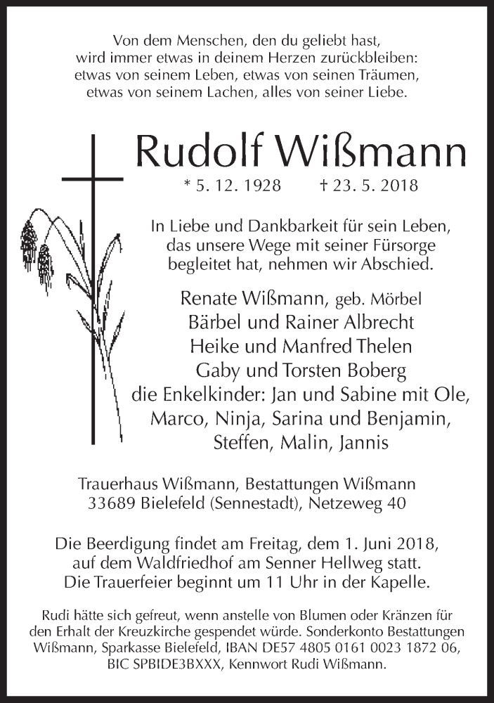  Traueranzeige für Rudolf Wißmann vom 26.05.2018 aus Neue Westfälische