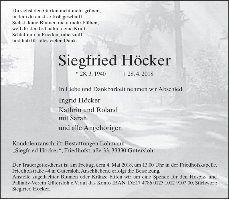  Traueranzeige für Siegfried Höcker vom 01.05.2018 aus Neue Westfälische