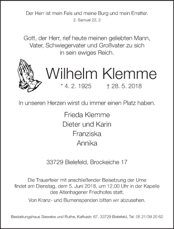 Traueranzeige von Wilhelm Klemme von Neue Westfälische
