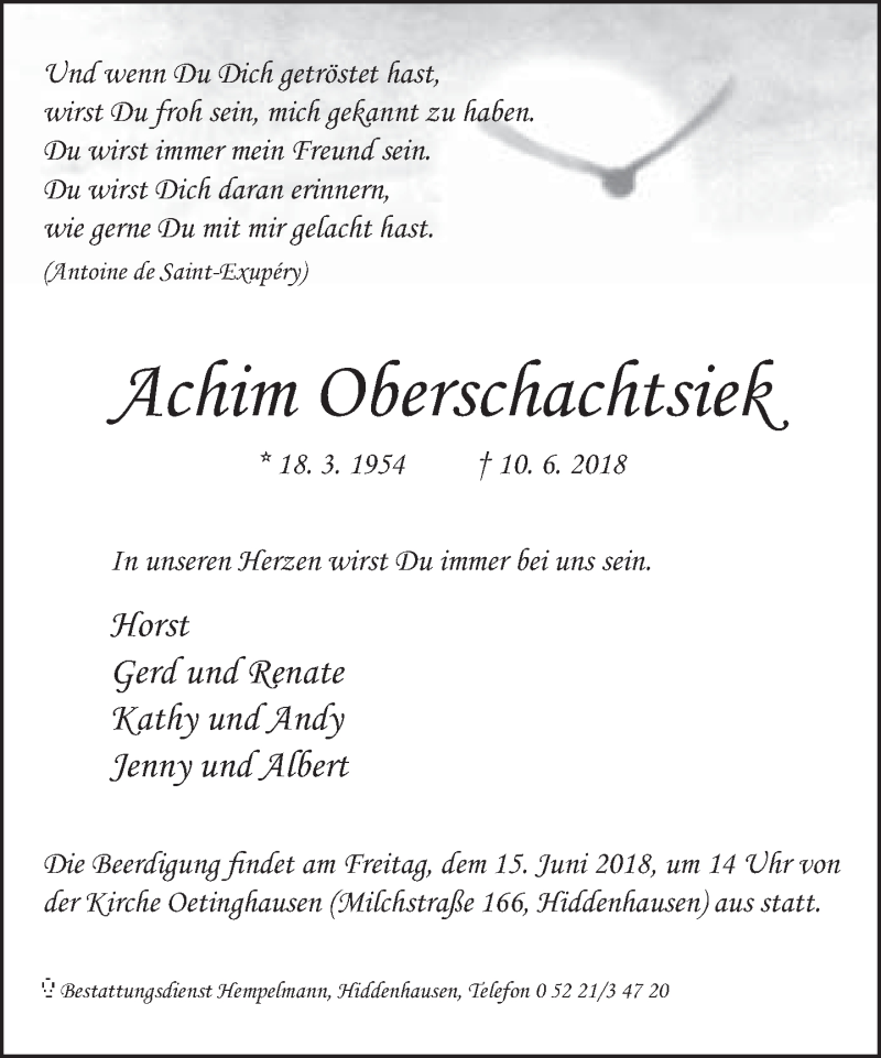  Traueranzeige für Achim Oberschachtsiek vom 13.06.2018 aus Neue Westfälische