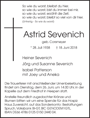 Traueranzeige von Astrid Sevenich von Neue Westfälische