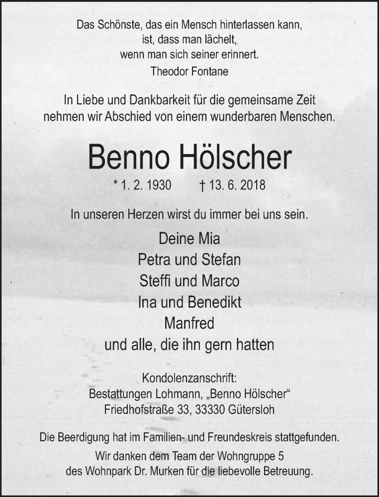  Traueranzeige für Benno Hölscher vom 26.06.2018 aus Neue Westfälische