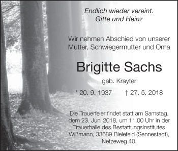 Traueranzeige von Brigitte Sachs von Neue Westfälische