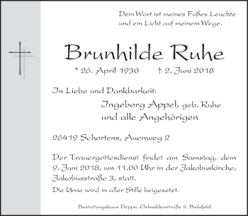 Traueranzeige von Brunhilde Ruhe von Neue Westfälische