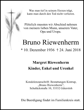 Traueranzeige von Bruno Riewenherm von Neue Westfälische