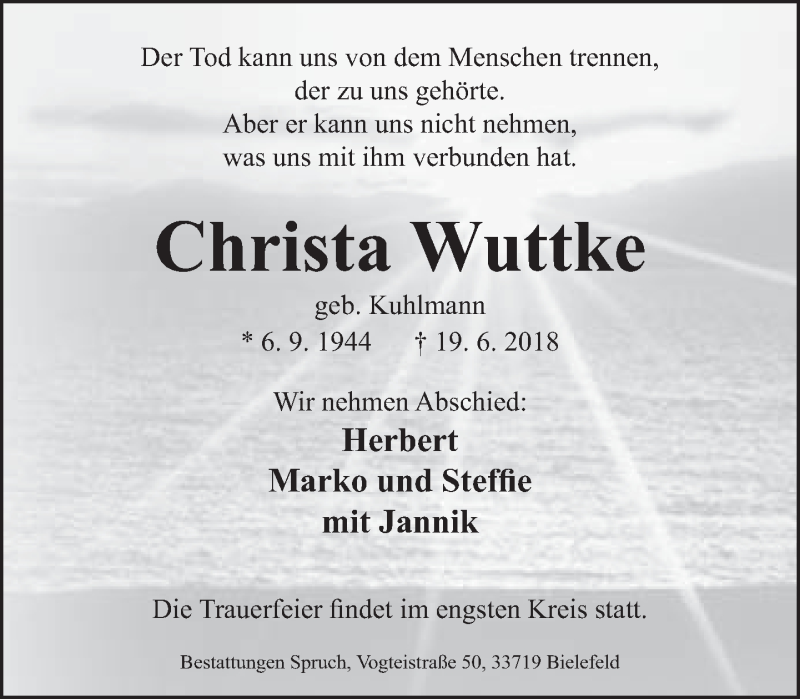  Traueranzeige für Christa Wuttke vom 23.06.2018 aus Neue Westfälische