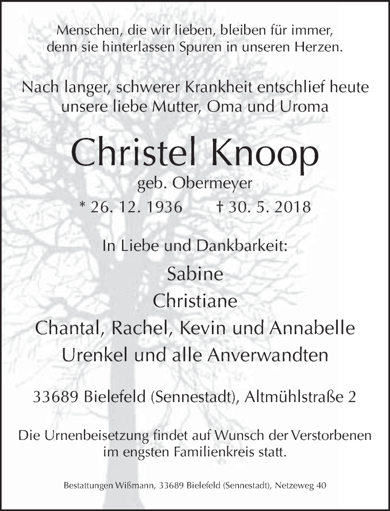  Traueranzeige für Christel Knoop vom 02.06.2018 aus Neue Westfälische