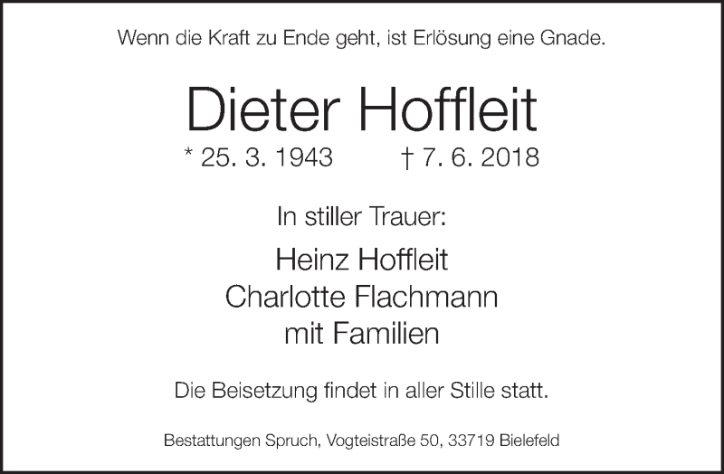  Traueranzeige für Dieter Hoffleit vom 13.06.2018 aus Neue Westfälische