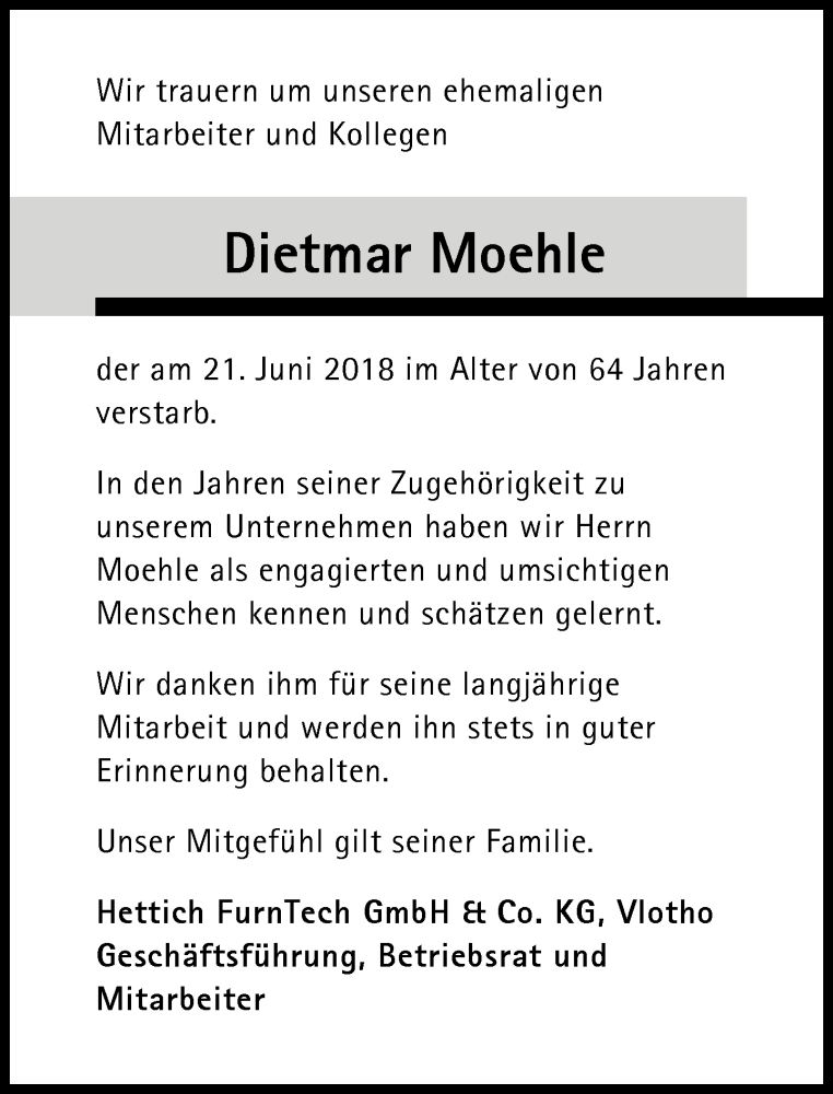  Traueranzeige für Dietmar Moehle vom 30.06.2018 aus Neue Westfälische