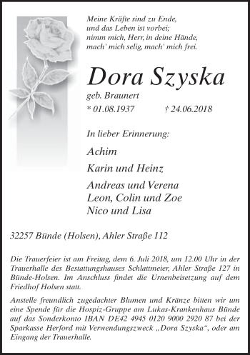 Traueranzeige von Dora Szyska von Neue Westfälische