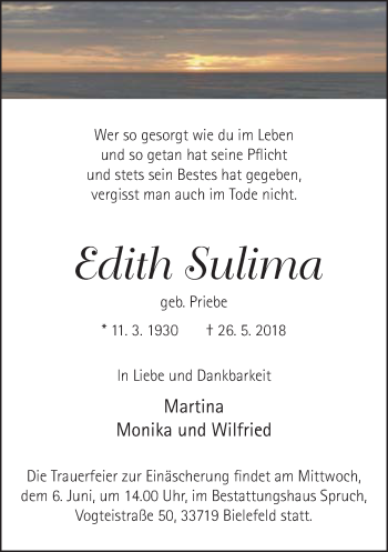 Traueranzeige von Edith Sulima von Neue Westfälische