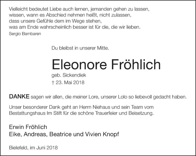  Traueranzeige für Eleonore Fröhlich vom 30.06.2018 aus Neue Westfälische