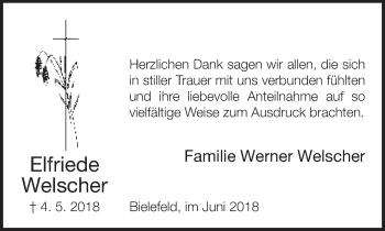 Traueranzeige von Elfriede Welscher von Neue Westfälische