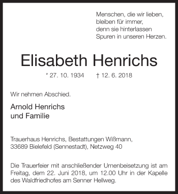 Traueranzeige von Elisabeth Henrichs von Neue Westfälische