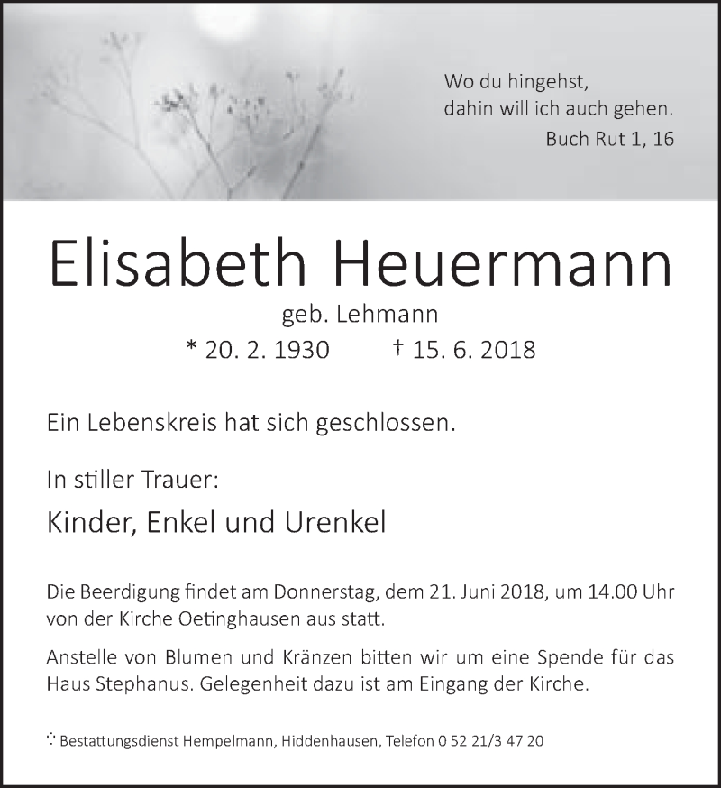  Traueranzeige für Elisabeth Heuermann vom 18.06.2018 aus Neue Westfälische