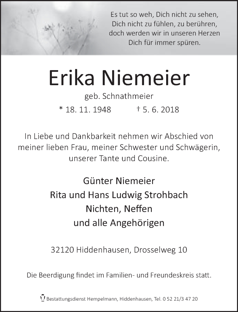  Traueranzeige für Erika Niemeier vom 06.06.2018 aus Neue Westfälische