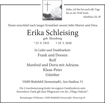 Traueranzeige von Erika Schleising von Neue Westfälische