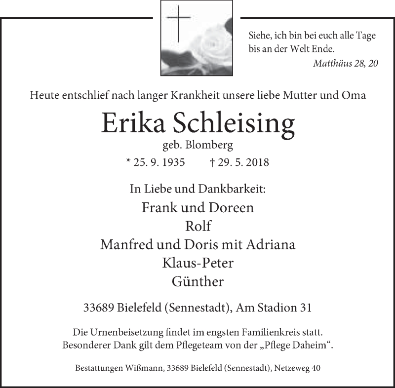  Traueranzeige für Erika Schleising vom 02.06.2018 aus Neue Westfälische