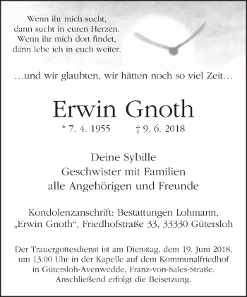Traueranzeige von Erwin Gnoth von Neue Westfälische