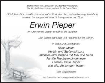Traueranzeige von Erwin Pieper von Neue Westfälische
