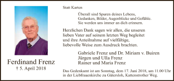 Traueranzeige von Ferdinand Frenz von Neue Westfälische