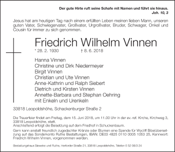 Traueranzeige von Friedrich Wilhelm Vinnen von Neue Westfälische