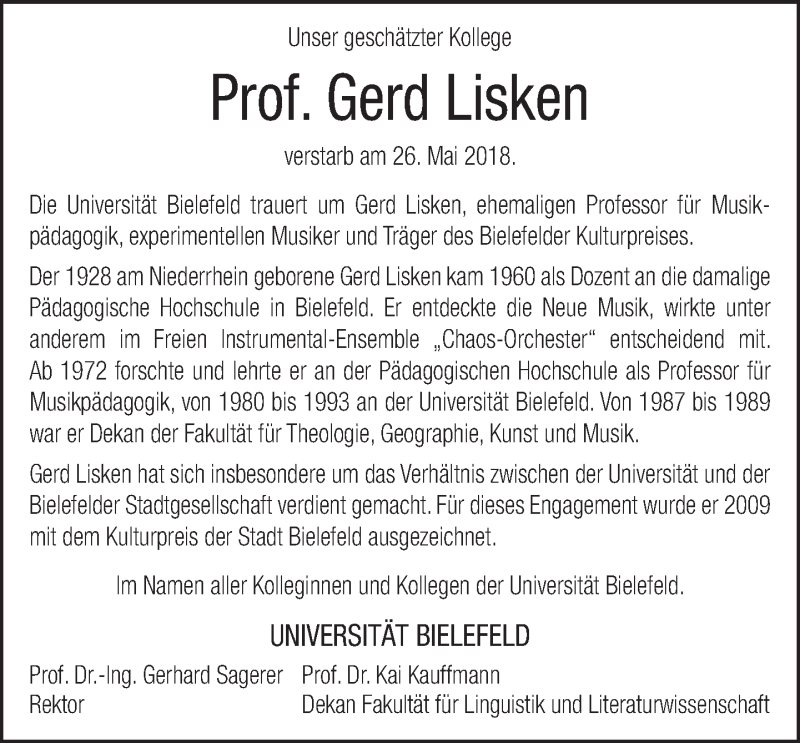  Traueranzeige für Gerd Lisken vom 09.06.2018 aus Neue Westfälische