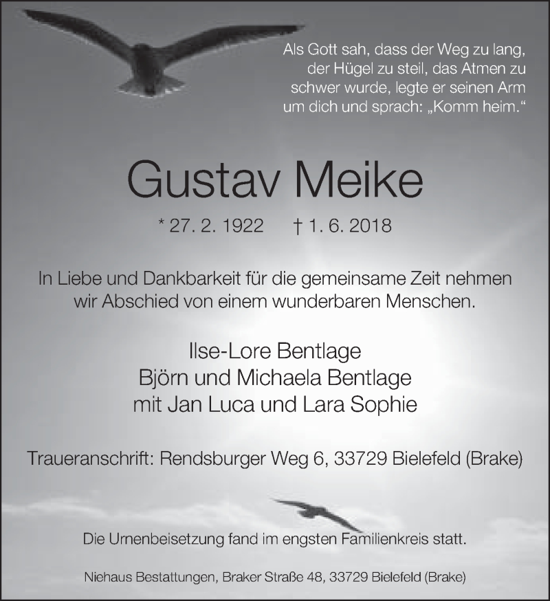  Traueranzeige für Gustav Meike vom 16.06.2018 aus Neue Westfälische