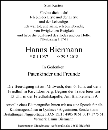Traueranzeige von Hanns Biermann von Neue Westfälische