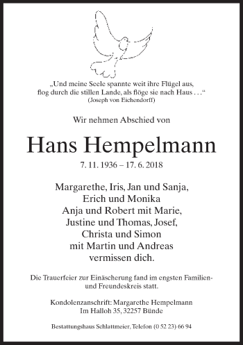 Traueranzeige von Hans Hempelmann von Neue Westfälische