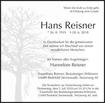 Traueranzeige von Hans Reisner von Neue Westfälische