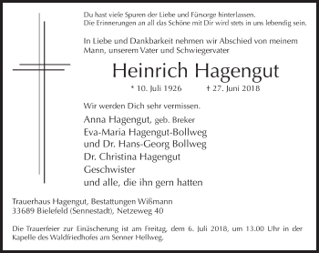 Traueranzeige von Heinrich Hagengut von Neue Westfälische