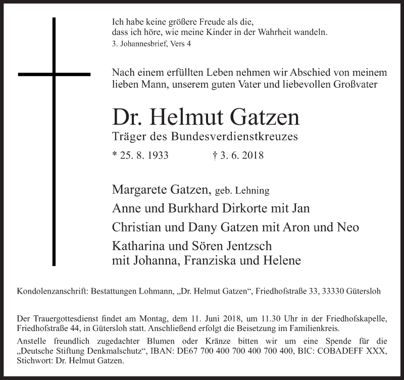  Traueranzeige für Helmut Gatzen vom 07.06.2018 aus Neue Westfälische