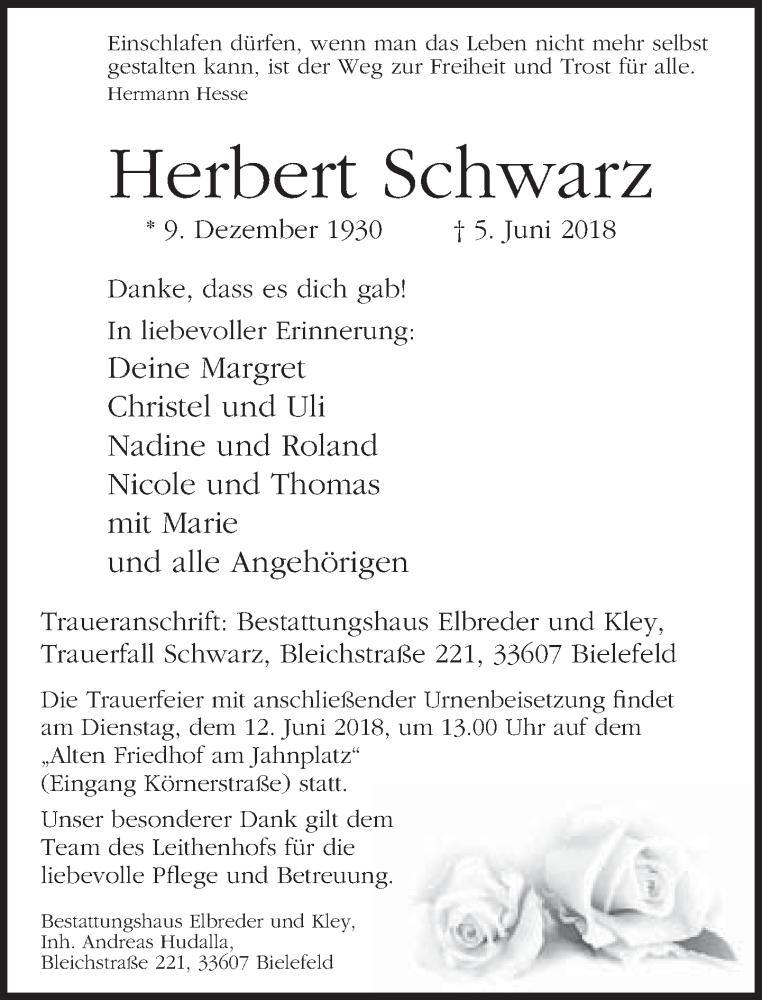  Traueranzeige für Herbert Schwarz vom 09.06.2018 aus Neue Westfälische
