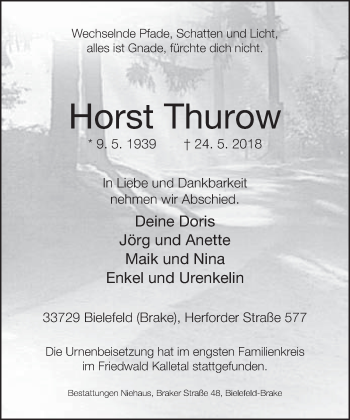 Traueranzeige von Horst Thurow von Neue Westfälische