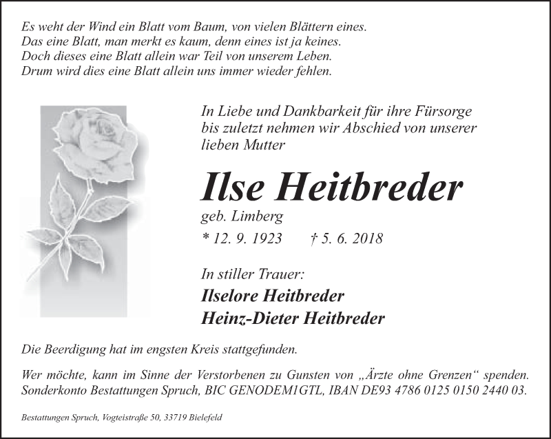  Traueranzeige für Ilse Heitbreder vom 12.06.2018 aus Neue Westfälische