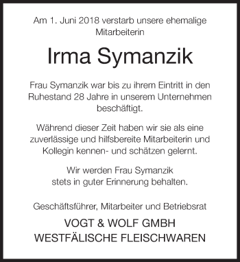 Traueranzeige von Irma Symanzik von Neue Westfälische