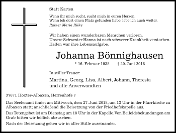 Traueranzeige von Johanna Bönnighausen von Neue Westfälische