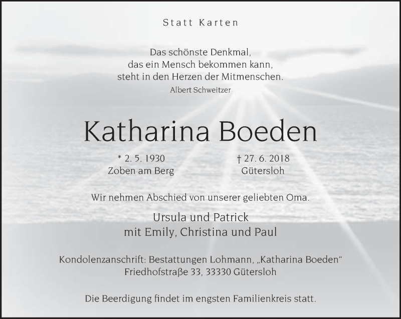  Traueranzeige für Katharina Boeden vom 30.06.2018 aus Neue Westfälische