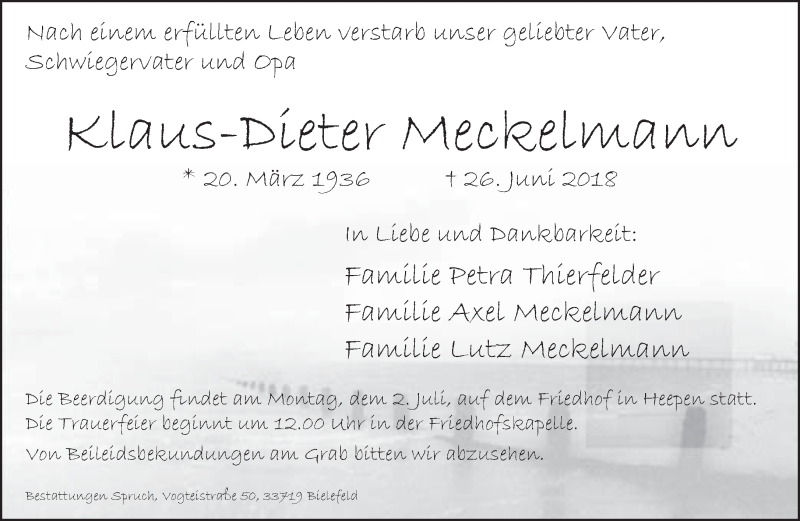  Traueranzeige für Klaus-Dieter Meckelmann vom 28.06.2018 aus Neue Westfälische