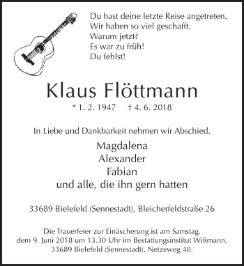 Traueranzeige von Klaus Flöttmann von Neue Westfälische