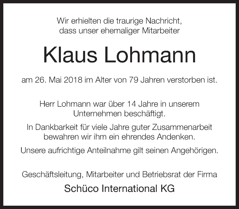  Traueranzeige für Klaus Lohmann vom 09.06.2018 aus Neue Westfälische