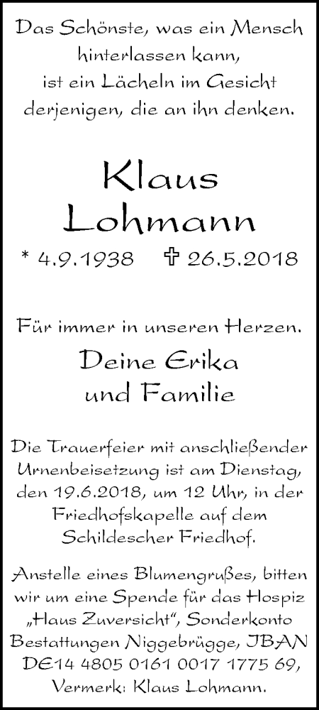  Traueranzeige für Klaus Lohmann vom 09.06.2018 aus Neue Westfälische